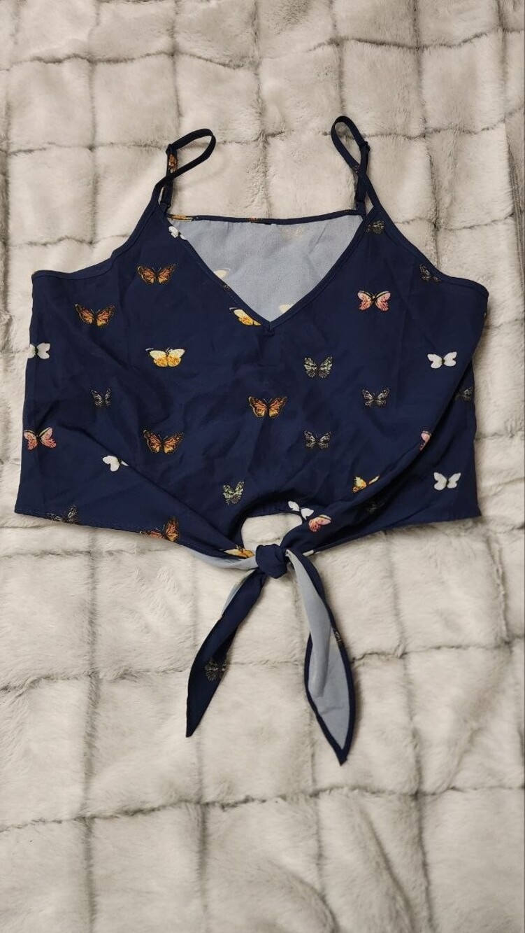 Navy Blue Butterfly Print Crop Top Adjustable Straps Tie Front - Womens Size M
